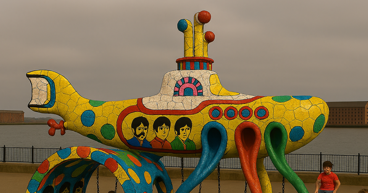 A vibrant Beatles-themed playpark at Bramley-Moore Docks features a large Yellow Submarine sculpture covered in multicolored mosaic tiles. Three tunnel slides—red, blue, and yellow—extend from the submarine’s windows. Cartoon portraits of The Beatles are displayed on the side. Children are actively playing: one slides down, another climbs a fish-shaped mosaic structure, and others explore a Beatles-themed archway and dome. The rubberized ground is patterned in bright wavy colours. In the background, red brick warehouses and a tall chimney line the dockside under a cloudy sky.