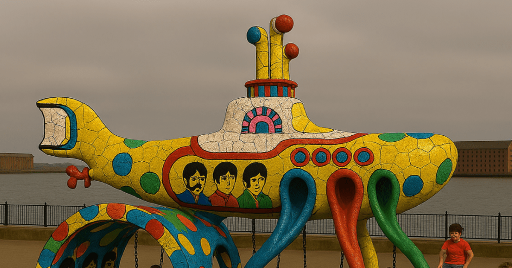 A vibrant Beatles-themed playpark at Bramley-Moore Docks features a large Yellow Submarine sculpture covered in multicolored mosaic tiles. Three tunnel slides—red, blue, and yellow—extend from the submarine’s windows. Cartoon portraits of The Beatles are displayed on the side. Children are actively playing: one slides down, another climbs a fish-shaped mosaic structure, and others explore a Beatles-themed archway and dome. The rubberized ground is patterned in bright wavy colours. In the background, red brick warehouses and a tall chimney line the dockside under a cloudy sky.