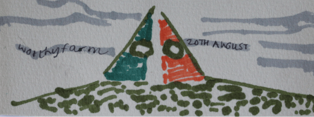 Hand drawn image from Alison Little for her 2025 image diary. Image addresses the controversy around Kneecaps performance at Glastonbury Festival.