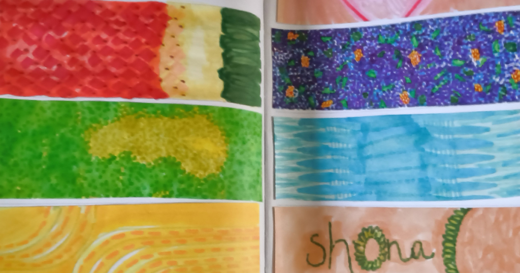 Several pages of image diary showing colourful image completed by Alison Little in 2025.