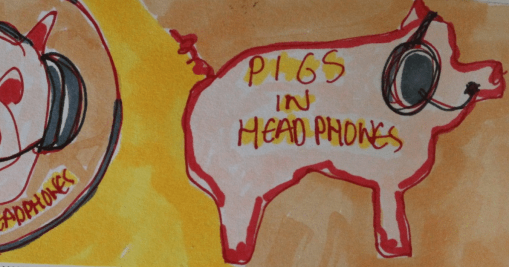 Pigs in Headphones image from Alison Little 2025 image diary.