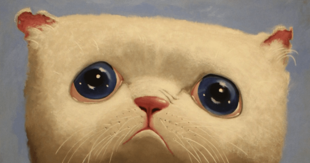 “Kitten” — expressive close-up painting of a wide-eyed, pale-furred cat with a sorrowful gaze; finalist in the 2026 John Moores Painting Prize.