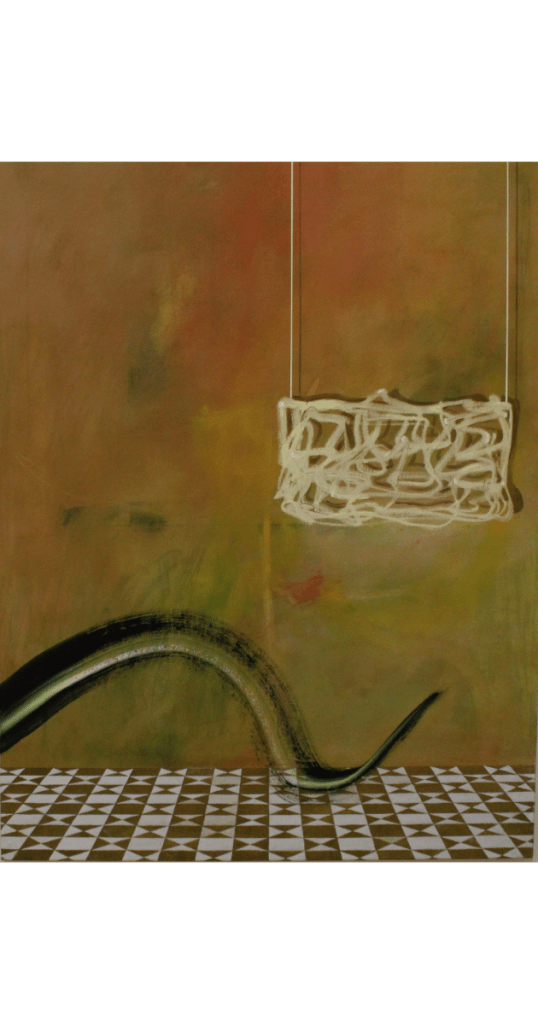 “If You Were Certain, What Would You Do Then” — abstract interior painting by Ally Fallon, featuring geometric flooring, suspended white sculptural form, and sweeping black brushstroke; winner of the 2026 John Moores Painting Prize.