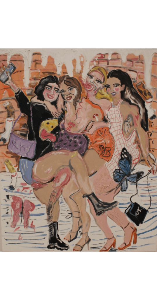 Sheila Rennicks’ Girls Gals, painterly images of girls on a drunken night out taking a selfie. John Moores Painting Prize 2025 finalist.