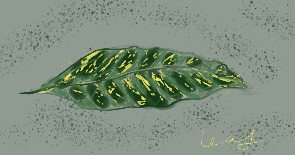 Digital sketch of a green leaf with yellow streaks and spots, featuring a central vein and symmetrical side veins. Set against a muted green background with dark speckles for added texture. Handwritten yellow cursive text 'leaf' appears in the bottom right corner. Stylized and nature-inspired, ideal for botanical-themed artwork or seasonal collections.