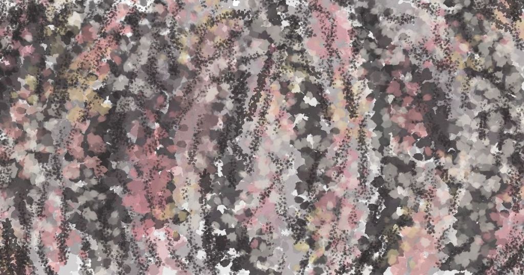 Digital sketch depicting the textured surface of a rock brought back from Fort William. Abstract composition features mottled patterns in pink, gray, black, and beige, with irregular speckles and layered colour blending. Stylized and atmospheric, evoking geological detail and personal connection to place.