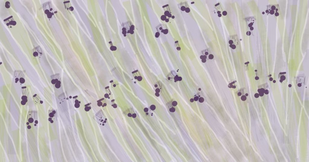 Digital sketch featuring an abstract interpretation of hair follicles and sebaceous glands. Wavy pastel lines in green, purple, and white resemble strands of hair, while clusters of dark purple circular shapes suggest gland structures. Stylized and anatomical, ideal for illustrating skin and hair biology in a creative format.