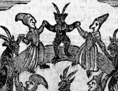 Black‑and‑white folkloric illustration showing a horned central figure holding hands with robed, pointed‑hat companions, surrounded by dancing human and goat‑like characters in a ritual circle. Historic woodcut style imagery used as promotional artwork for the Magic Mystics and Martyrs Tour.
