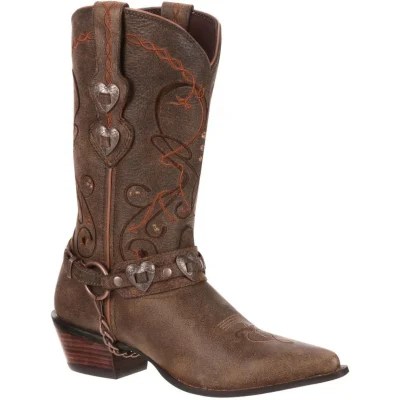 A single Durango Women’s Crush Heartbreaker Mid Boot in Dusk To Dawn, featuring rich brown leather with detailed embroidery, heart‑shaped conchos on an ankle strap, a pointed toe, and a stacked western heel, shown upright against a clean background.