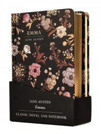 Elegant boxed set featuring Jane Austen’s Emma with a matching notebook. Both items have a black background decorated with a detailed floral pattern in pink, purple, gold, and white. The slipcase displays the author’s name, title, and “Classic Novel and Notebook,” making it ideal for collectors and Austen fans.