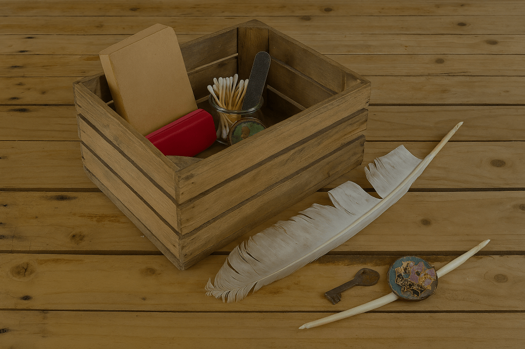 Rustic wooden crate placed on an extended base of weathered wooden paneling, filled with everyday objects that evoke memory and quiet archaeology. Inside the crate are a swan’s feather, a battered nail kit, banned cotton buds, a chipped vintage badge, a faded receipt, a rusted key, and a broken toy. The composition suggests the emotional resonance of sorting through a neglected drawer in a hyper-digital world.