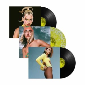 Dua Lipa – Future Nostalgia (5th Anniversary Edition) Clear & Yellow Splattered & Black Vinyl 3xLP, shown with three album covers featuring different portraits of the artist and three matching vinyl records, including a yellow‑splatter design and two black discs with yellow centre labels.