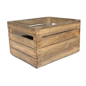 Wooden Storage Crate – Rustic Home Organisation box made from weathered wooden slats with an open-top design, featuring visible grain and knots. The crate sits on a wooden surface and is suitable for storage, décor, or home organisation.