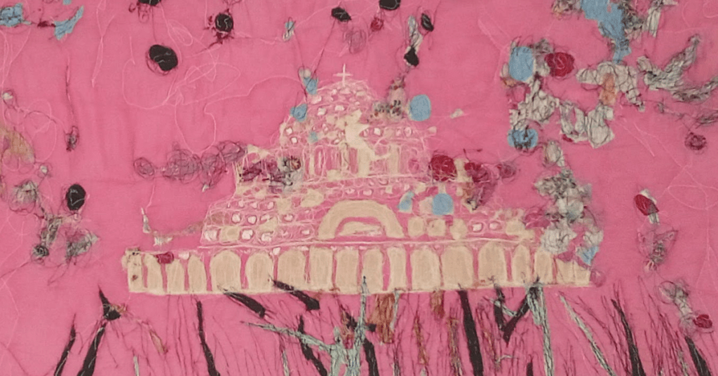 Large‑scale freehand embroidery artwork by Alison Little depicting the Palm House in Sefton Park, Liverpool. The piece features a stylised domed glasshouse stitched in soft pink and cream tones against a vivid pink background, surrounded by expressive, multicoloured thread work that adds texture and movement.