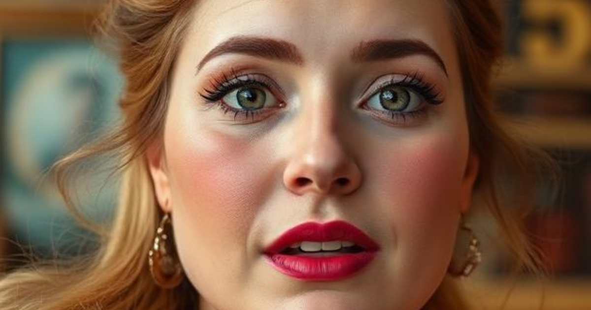 Close‑up portrait of a woman with blonde hair, green eyes, bold red lipstick, defined brows, and a highly stylised, hyper‑engineered cosmetic look defined as a Mar-a-Lago face, with smooth skin and dramatic makeup, shown indoors with a blurred background of shelves and books.