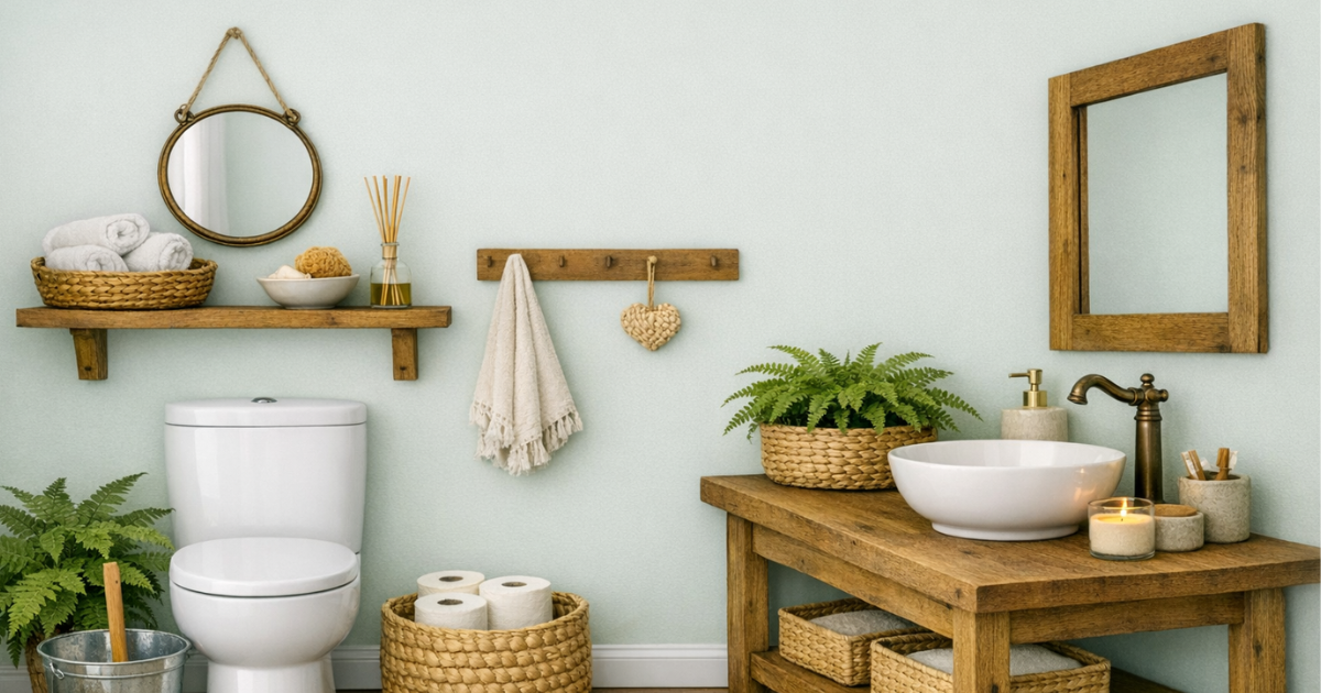 Serene bathroom with light Teresa green walls, featuring a modern all‑white toilet and a rustic wooden vanity with a white vessel sink. Handmade touches include woven baskets, botanical ferns, and artisanal ceramics, styled with minimal clutter for a fresh, calming atmosphere.