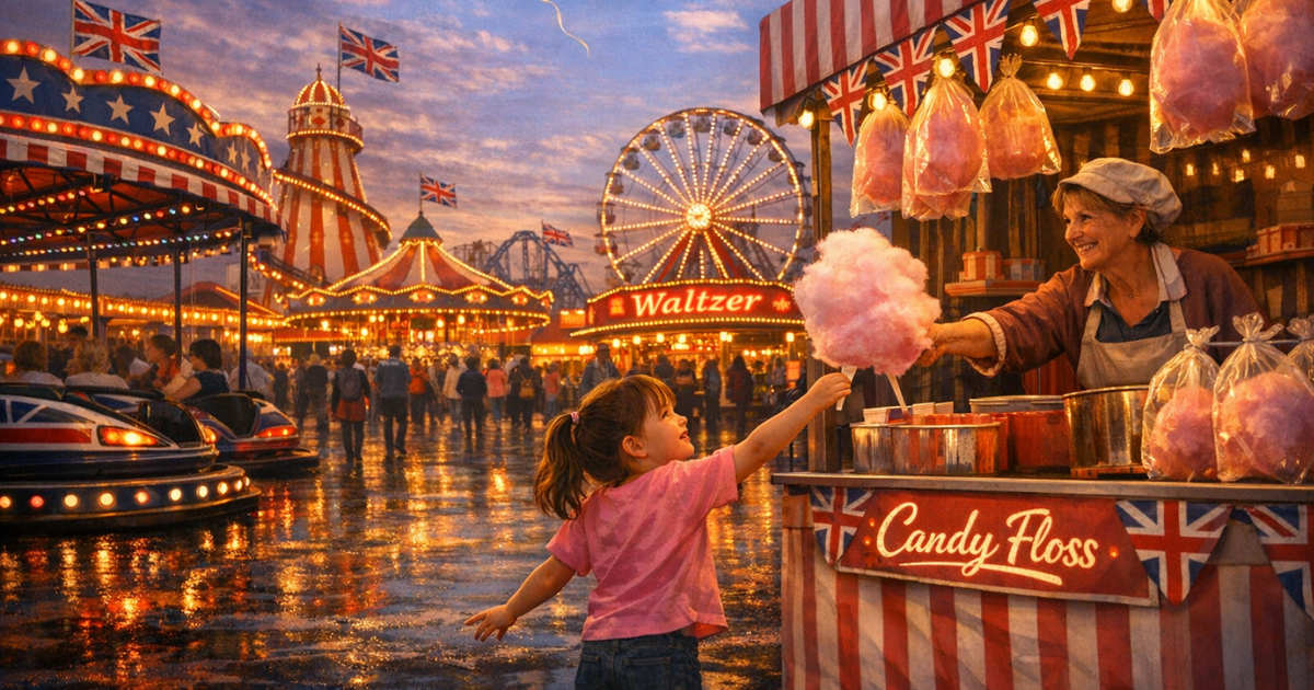 At a glowing British fairground at twilight, a young girl in a pink top reaches for candy floss from a smiling vendor under a striped stall adorned with Union Jack bunting. As she stretches forward, she releases a red balloon that drifts into the dusky sky. Behind her, a helter-skelter, Ferris wheel, and bumper cars shimmer with lights, their reflections dancing on the wet ground. The scene evokes wonder, nostalgia, and fleeting childhood moments.