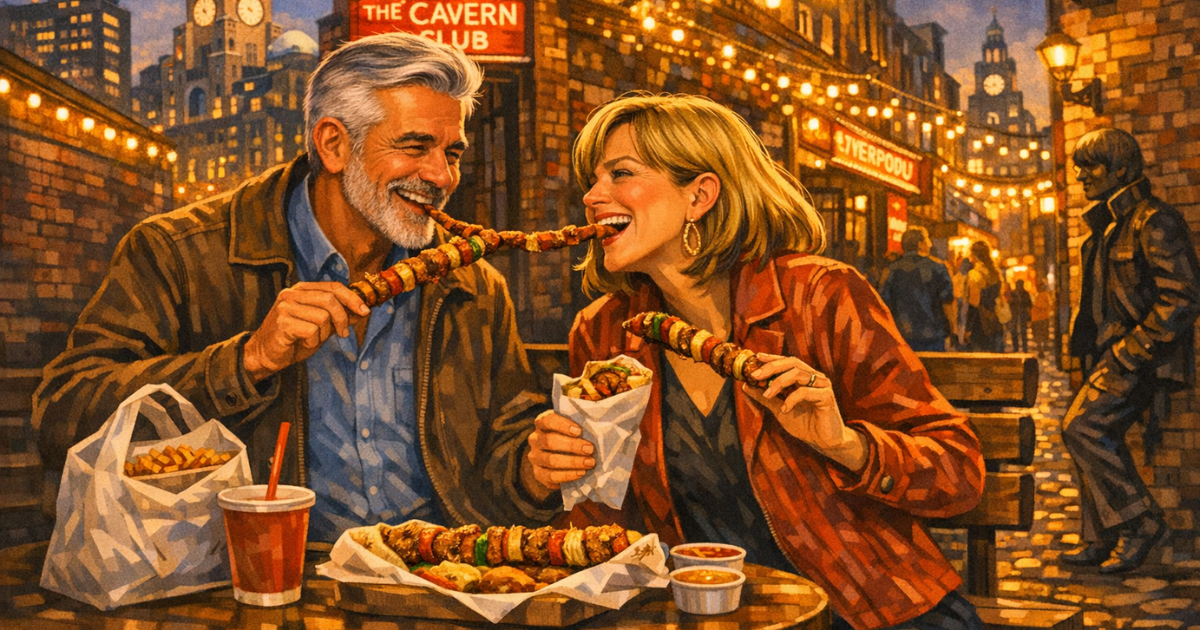 A mature couple sitting on a wooden bench on Liverpool’s Mathew Street at night, sharing a takeaway kebab. The man, with silver hair and a beard, wears a brown jacket and smiles as he bites one end of a long strand of grilled meat, while the woman, with blonde hair and a red jacket, laughs as she bites the other end. Around them, warm street lights, the Cavern Club sign, and the Liver Building glow against the twilight sky, capturing a playful, romantic moment in the heart of the city.