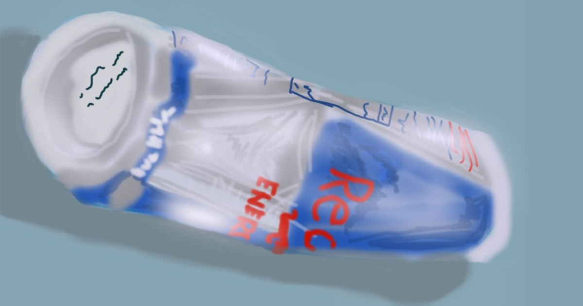A digital sketch of a traditional Red Bull can, shown at a diagonal angle with metallic blue and silver shading and bold red lettering. The illustration emphasises the reflective surface and stylised branding, giving the energy‑drink can a hand‑drawn, textured feel.