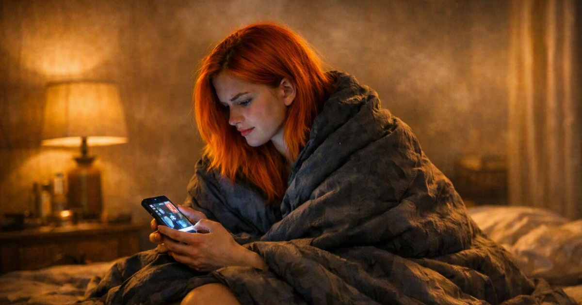 A young woman with bright orange‑red hair sits on a bed wrapped in a rumpled dark grey duvet, the fabric gathered around her shoulders and legs. The cool glow of a phone screen lights her face as she stares down at photos of other women, her expression tight with shock and hurt. Warm lamplight softens the room, while steam drifts from the closed bathroom door in the background, hinting at someone showering inside. The contrast between the phone’s cold light and the room’s warm ambience heightens the tension of her discovery.