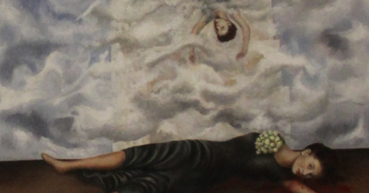 Framed mixed‑media artwork referencing Frida Kahlo’s The Suicide of Dorothy Hale (1939), showing a surreal scene of clouds, a building emerging from the mist, and two human figures — one falling downward, the other positioned near the structure. The painted frame blends into the cloudscape, creating a three‑dimensional, dreamlike illusion. A small museum label sits below the piece.