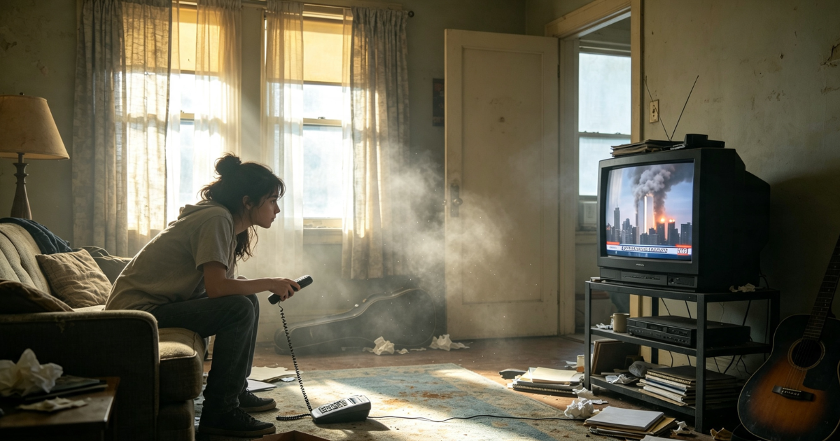 view inside a worn, cluttered student house on a warm September morning. A young woman sits leaning forward on a sofa, holding a TV remote in one hand and reaching for a landline phone with the other. She stares in stunned, frozen silence at an old CRT television showing news footage of the Twin Towers burning and smoking. Soft golden sunlight streams through sheer curtains, illuminating crumpled tissues, scattered papers, an open pizza box, and an acoustic guitar across the floor. The room feels still and heavy, capturing the moment of shock as the horror unfolds live on screen.