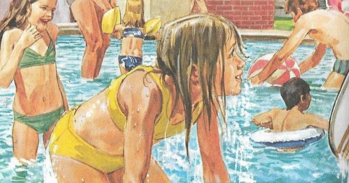 Vintage Ladybird illustration of children playing in a busy outdoor swimming pool. A child in a yellow swimsuit climbs out of the water while others splash, swim and play with a beach ball in the background. The page includes early reading ‘new words’—them, sit, again, going—typical of the 1970s Ladybird Key Words series.