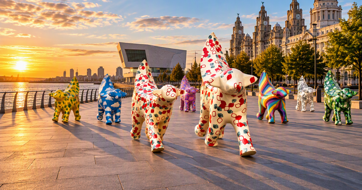 A group of colourful Lambanana sculptures appear to roam Liverpool’s waterfront promenade at sunset, with the Museum of Liverpool and the Three Graces in the background. Two cream-coloured Lambananas decorated with red and grey patterns lead the scene, while additional sculptures feature blue sky, floral, rainbow and abstract designs, creating a playful public art landscape.