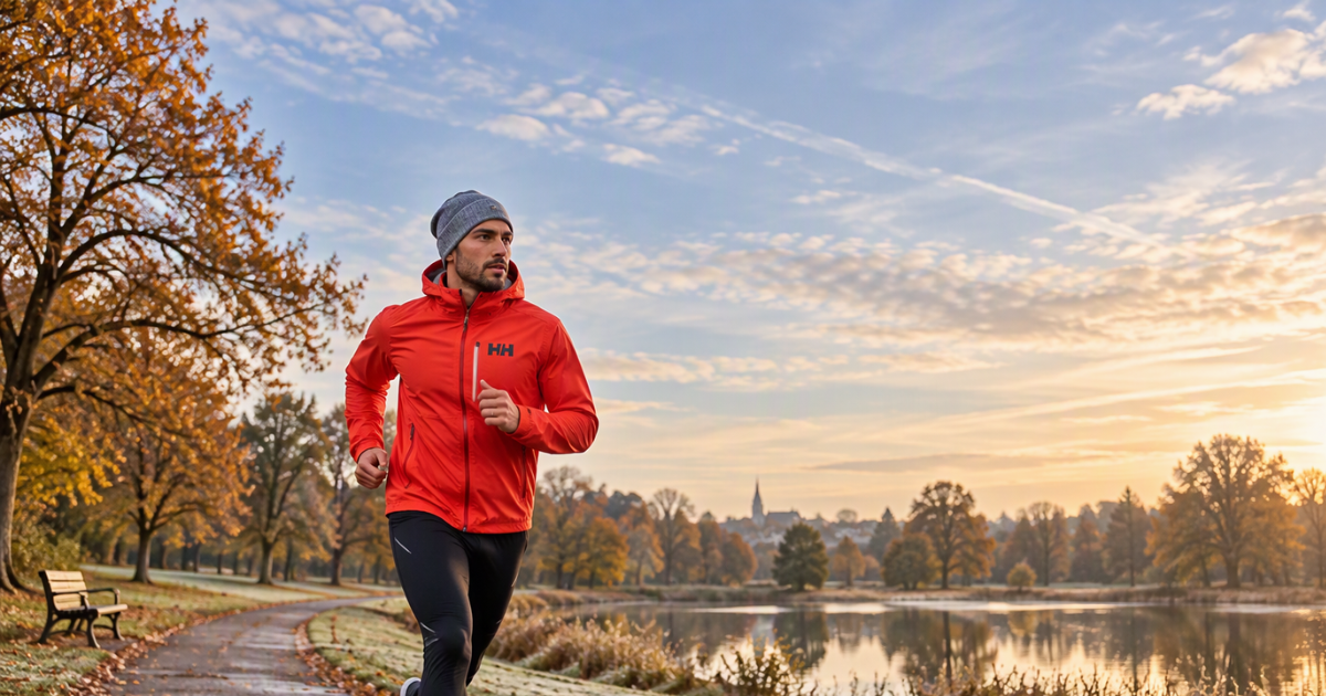 Runner wearing a mottled grey running hat, black long-sleeve running top and black running trousers while jogging along a tree-lined path in a local park. Autumn leaves, a lakeside trail and open green space create a seasonal outdoor training setting.